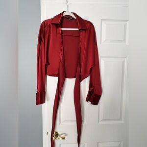 Strut & Bolt Red Satin Tie-Front Crop Blouse | Long Sleeve | Size S